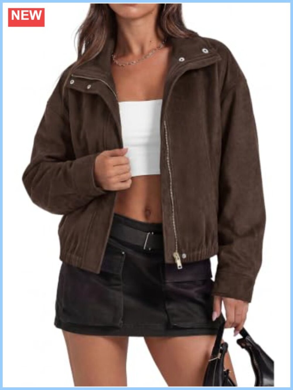 Women's Faux Suede Bomber Jacket Zip Up Lapel Collar Lightweight Winter Coat